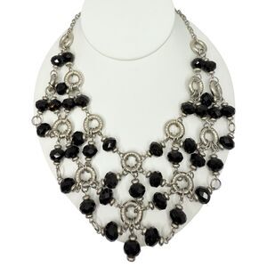 Sparkly Black Beaded Drape Necklace 21" Statement Bib Silver-Tone Formal Jewelry